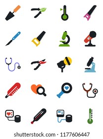 Color and black flat icon set - trowel vector, pruner, saw, stethoscope, blood pressure, thermometer, heart diagnostic, microscope, scalpel, microphone