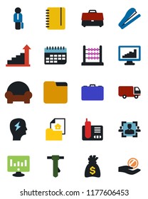 Color and black flat icon set - growth statistic vector, case, notepad, tie, money bag, brainstorm, monitor, car delivery, term, radio phone, folder, statistics, hr, abacus, manager, stapler