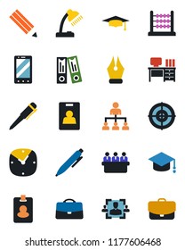 Color and black flat icon set - mobile phone vector, hierarchy, office binder, graduate, desk, pen, meeting, clock, case, identity card, hr, abacus, ink, lamp, target, pencil, pass