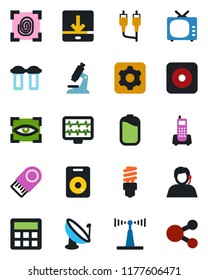 Color and black flat icon set - monitor pulse vector, microscope, office phone, support, satellite antenna, tv, speaker, rec button, rca, settings, calculator, download, battery, fingerprint