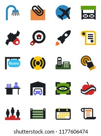 Color and black flat icon set - pedestal vector, diet, plane, satellite, term, container, touch screen, paper clip, office phone, manager desk, garage, rooms, estate search, bathroom, alcove, rocket