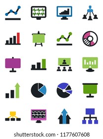 Color and black flat icon set - growth statistic vector, presentation board, monitor, circle chart, pulse, statistics, bar graph, pie, point, hierarchy, arrow up