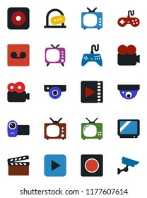 Color and black flat icon set - ticket office vector, clapboard, tv, gamepad, video camera, play button, rec, record, web, surveillance