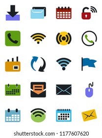 Color and black flat icon set - mail vector, mouse, calendar, call, update, download, wireless, phone, lock, flag