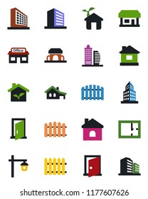 Color and black flat icon set - office building vector, fence, house, garden light, store, with garage, plan, cafe, eco, door