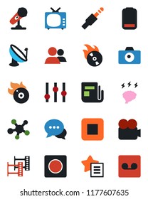 Color and black flat icon set - camera vector, brainstorm, satellite antenna, film frame, flame disk, microphone, news, tv, settings, video, dialog, share, group, favorites list, low battery, record