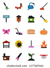 Color and black flat icon set - job vector, fence, rake, sproute, saw, lawn mower, butterfly, fire, house, sun, hose, hoe, plant label, pumpkin, fireplace, caterpillar, bird, ripper, alcove