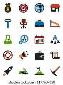Color and black flat icon set - hierarchy vector, target, consumer search, palm sproute, motivation, rocket, wallet, money bag, earth, crisis, office chair, calendar, flask, case, management, tie