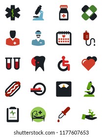 Color and black flat icon set - heart vector, blood test vial, dropper, microscope, scales, pills bottle, patch, tomography, ambulance star, hospital bed, disabled, caries, medical calendar, doctor