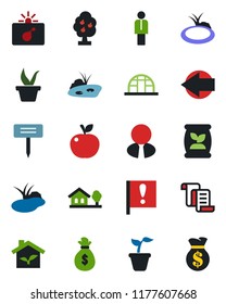 Color and black flat icon set - bomb in case vector, left arrow, manager, contract, seedling, plant label, greenhouse, pond, fertilizer, important flag, house with tree, fruit, estate agent, apple