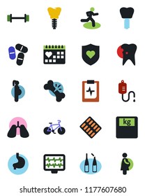 Color and black flat icon set - monitor pulse vector, dropper, scales, pills, blister, ampoule, barbell, bike, run, heart shield, stomach, lungs, caries, implant, broken bone, medical calendar