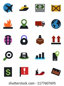 Color and black flat icon set - earth vector, pin, important flag, plane, cash, traffic light, mobile tracking, sea shipping, car delivery, receipt, container, up side sign, package, sorting, heavy