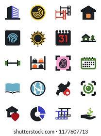 Color and black flat icon set - sun vector, radar, luggage storage, office building, book, circle chart, barbell, satellite, film frame, network, calendar, eye id, fingerprint, house with tree