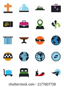 Color and black flat icon set - taxi vector, suitcase, baggage trolley, ticket, reception bell, plane, flight table, case, route, signpost, earth, pin, sea shipping, compass, mountains, bedroom