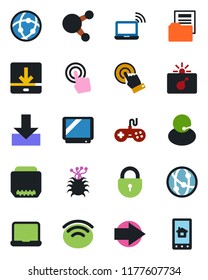 Color and black flat icon set - bomb in case vector, wireless notebook, right arrow, lock, virus, support, gamepad, tv, network, touch screen, share, hdmi, download, document folder, pc