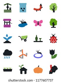 Color and black flat icon set - tree vector, wheelbarrow, butterfly, lady bug, seedling, rain, well, pumpkin, seeds, caterpillar, pond, tulip, windmill, alcohol, eco house, irrigation