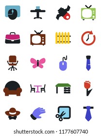 Color and black flat icon set - cafe vector, tv, office chair, case, mouse, desk, fence, glove, butterfly, satellite, tulip, cut, tie, cushioned furniture, restaurant table, dress code, clock