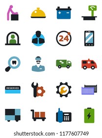 Color and black flat icon set - 24 around vector, baby room, reception, mobile phone, ambulance car, doctor, office, client, cargo container, consolidated, heavy scales, search, root setup, moving