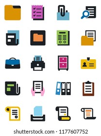 Color and black flat icon set - identity vector, document search, contract, folder, news, clipboard, case, paper clip, checklist, binder, printer, tray, archive box