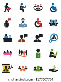 Color and black flat icon set - speaking man vector, team, meeting, disabled, doctor, speaker, company, hr, manager desk, waiter, consumer search, group, with notebook, palm sproute