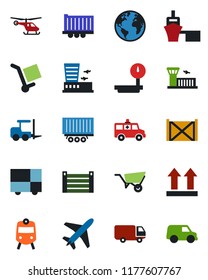 Color and black flat icon set - plane vector, train, fork loader, helicopter, airport building, wheelbarrow, ambulance car, earth, truck trailer, delivery, sea port, container, consolidated cargo