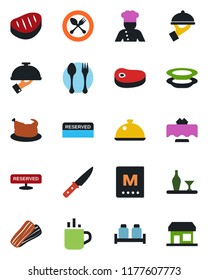 Color and black flat icon set - hot cup vector, spoon and fork, cook, dish, alcohol, restaurant table, menu, reserved, plates, bacon, waiter, salt pepper, chicken, steak, knife, storefront