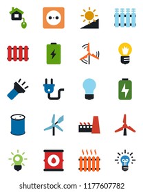 Color and black flat icon set - bulb vector, oil barrel, torch, brightness, charge, windmill, heater, factory, home control, socket, power plug, radiator, battery, idea