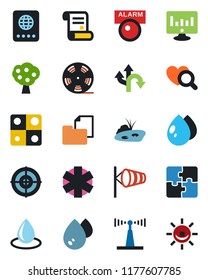 Color and black flat icon set - passport vector, wind, statistic monitor, contract, water drop, heart diagnostic, ambulance star, route, folder document, reel, antenna, application, target, pond