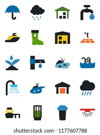 Color and black flat icon set - shower vector, boot, rain, drip irrigation, sea shipping, port, umbrella, warehouse, pond, pool, water supply, drink, filter, warm floor, sprinkler