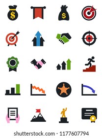 Color and black flat icon set - handshake vector, pedestal, money bag, document, sertificate, bar graph, target, career ladder, police, arrow up, motivation, pennon, crisis, certificate