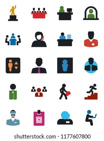 Color and black flat icon set - elevator vector, male, reception, pedestal, team, manager place, doctor, support, client, identity card, desk, meeting, career ladder, estate agent, waiter