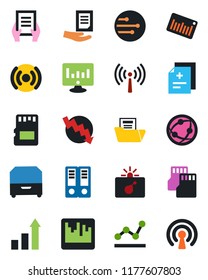 Color and black flat icon set - antenna vector, bomb in case, growth statistic, office binder, crisis graph, document, monitor, diagnosis, barcode, network, scanner, sd, folder, point, archive box