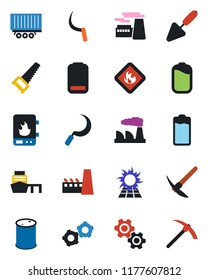 Color and black flat icon set - gear vector, factory, trowel, saw, sickle, truck trailer, sea port, flammable, oil barrel, battery, low, water heater, sun panel, hard work