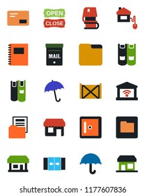 Color and black flat icon set - automatic door vector, umbrella, checkroom, book, store, container, mail, folder, copybook, document, mailbox, open close, home control, garage gate, storefront