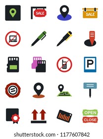 Color and black flat icon set - parking vector, no mobile, laptop, pen, stamp, plant label, navigation, pin, up side sign, barcode, sd, place tag, sertificate, sale, open close