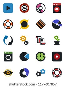 Color and black flat icon set - washer vector, gear, contract, circle chart, stamp, pills blister, play button, rec, update, eye id, pie graph, flower in pot, clock, crisis management