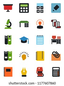 Color and black flat icon set - contract vector, book, calculator, graduate, desk, notepad, presentation board, microscope, notes, copybook, paper clip, ink pen, shining head