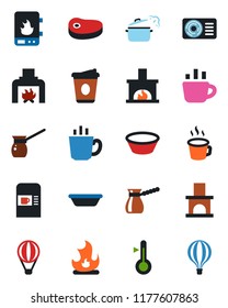 Color and black flat icon set - coffee machine vector, fire, fireplace, air conditioner, steak, bowl, steaming pan, turkish, water heater, thermometer, balloon