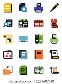 Color and black flat icon set - book vector, document search, pen, calendar, printer, contract, medical, folder, copybook