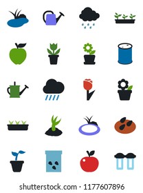 Color and black flat icon set - flower in pot vector, seedling, watering can, sproute, rain, seeds, pond, tulip, oil barrel, apple fruit, water filter