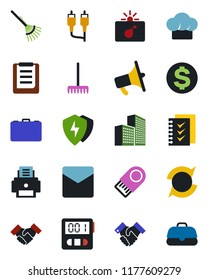 Color and black flat icon set - bomb in case vector, dollar sign, rake, clipboard, loudspeaker, rca, protect, stopwatch, mail, update, office building, checklist, printer, handshake, cook hat