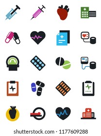 Color and black flat icon set - heart pulse vector, diagnosis, syringe, blood pressure, pills, blister, tomography, real, clipboard, hospital