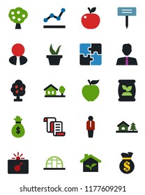 Color and black flat icon set - bomb in case vector, manager, contract, seedling, plant label, greenhouse, fertilizer, application, point graph, house with tree, fruit, estate agent, apple, eco