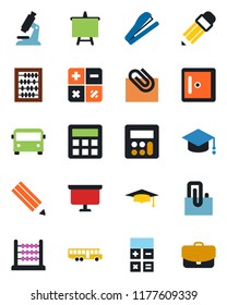 Color and black flat icon set - airport bus vector, checkroom, calculator, graduate, abacus, presentation board, microscope, paper clip, pencil, stapler, case