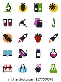 Color and black flat icon set - satellite antenna vector, book, blood test vial, microscope, ampoule, real heart, joint, virus, sd, thermometer, rocket, flask