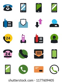 Color and black flat icon set - phone vector, mobile, office, 24 hours, cell, radio, mail, call, data exchange, support