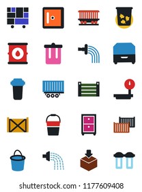 Color and black flat icon set - trash bin vector, checkroom, bucket, watering, railroad, truck trailer, cargo container, consolidated, package, oil barrel, heavy scales, archive box, water filter