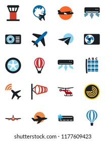 Color and black flat icon set - plane vector, airport tower, radar, wind, helicopter, seat map, globe, air conditioner, fan, paper, balloon