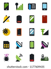 Color and black flat icon set - satellite antenna vector, mobile phone, virus, cell, low battery, back, sim, mute, cellular signal, office