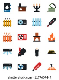 Color and black flat icon set - fire vector, hose, fireplace, thermometer, heater, air conditioner, candle, water, smoke detector, radiator, warm floor